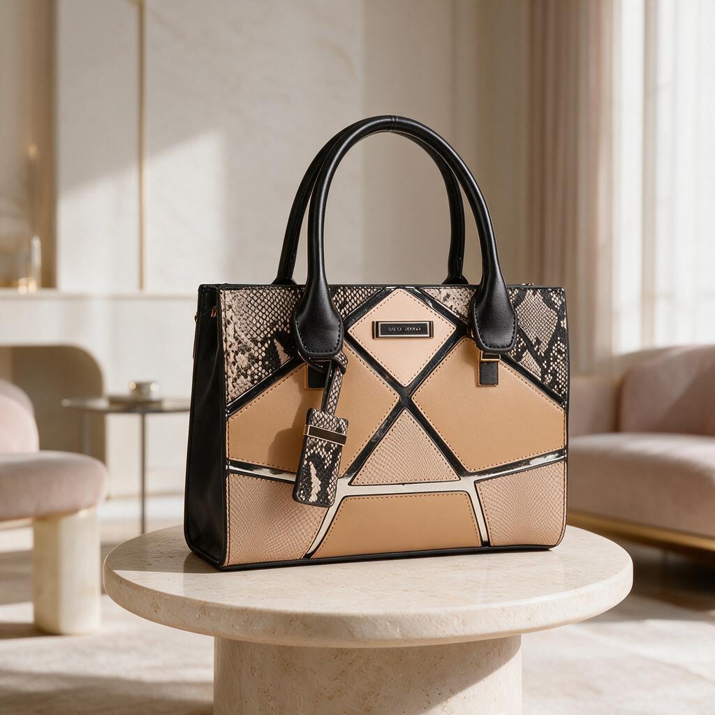 Geometric Color Block Tote Bag, Snake Print Handbag, Structured Top Handle Purse, Beige Tan Shoulder Bag, Women's Work Bag