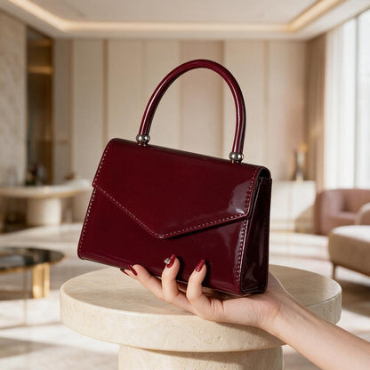 Burgundy Patent Handbag, Top Handle Purse, Wine Red Flap Bag, Elegant Womens Bag