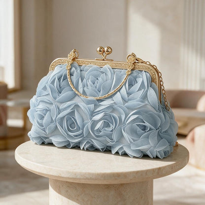 Light Blue Floral Clutch, 3D Flower Evening Bag, Powder Blue Wedding Purse, Bridal Clutch, Kiss Lock Chain Handbag