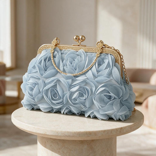 Light Blue Floral Clutch, 3D Flower Evening Bag, Powder Blue Wedding Purse, Bridal Clutch, Kiss Lock Chain Handbag