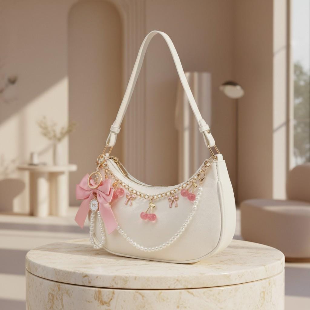 White Coquette Shoulder Bag, Pearl Bow Cherry Purse, Y2K Baguette Handbag, Kawaii Summer Crossbody