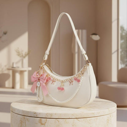 White Coquette Shoulder Bag, Pearl Bow Cherry Purse, Y2K Baguette Handbag, Kawaii Summer Crossbody