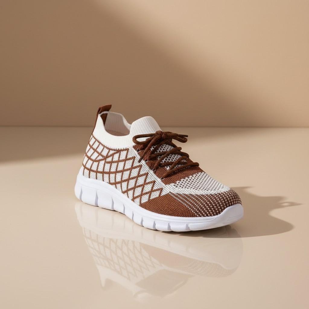 Brown Knit Sneakers for Women, Geometric Mesh Shoes, White Casual Lace Up Sneakers