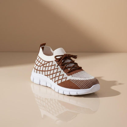 Brown Knit Sneakers for Women, Geometric Mesh Shoes, White Casual Lace Up Sneakers