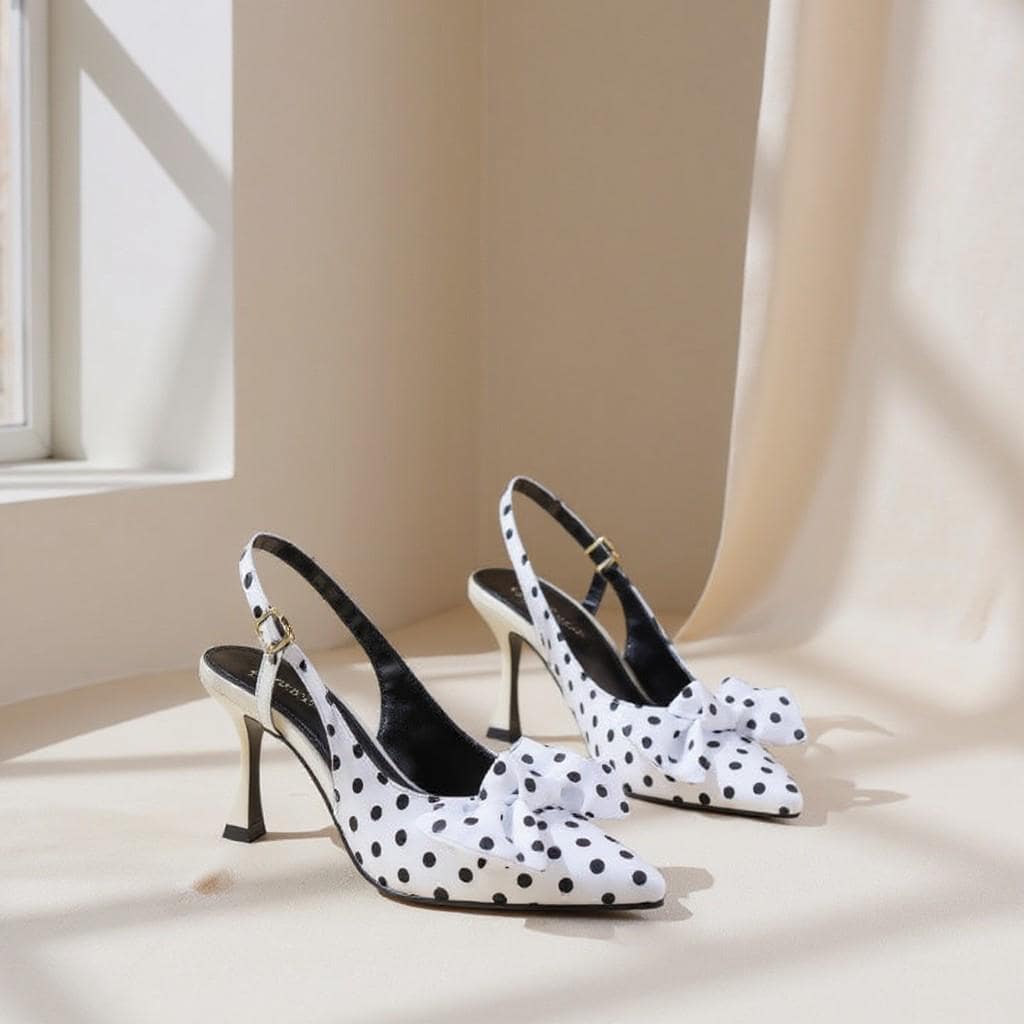 Polka Dot Heels, Black and White Bow Pumps, Women's Slingback Heels, Pointed Toe Pumps, Vintage Heels, Elegant Party Shoes, Statement Shoes