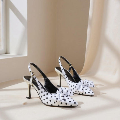 Polka Dot Heels, Black and White Bow Pumps, Women's Slingback Heels, Pointed Toe Pumps, Vintage Heels, Elegant Party Shoes, Statement Shoes