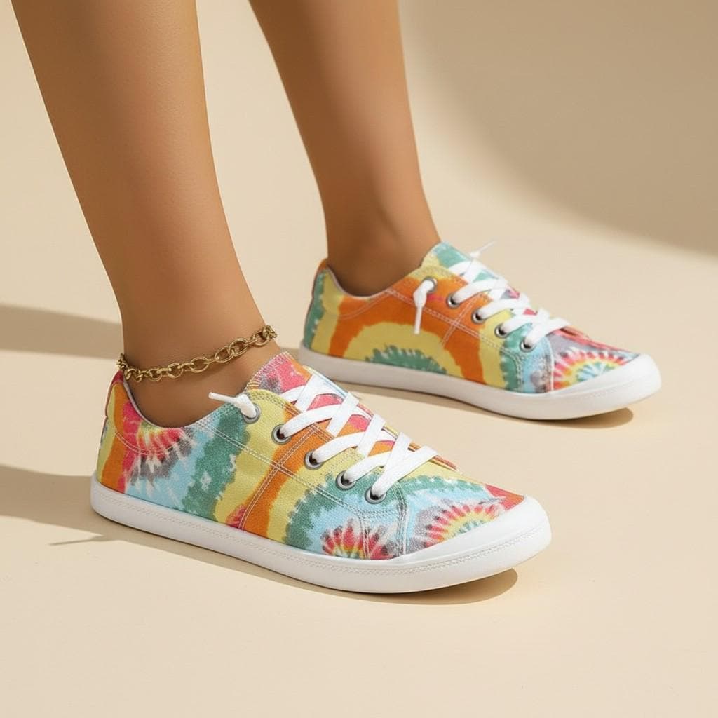 Tie Dye Sneakers for Women, Colorful Rainbow Low Top Shoes, Retro Lace Up Sneakers
