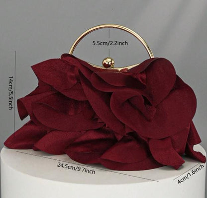 Burgundy Ruffle Clutch, Floral Evening Bag, Top Handle Handbag, Wine Red Statement Purse, Elegant Party Bag