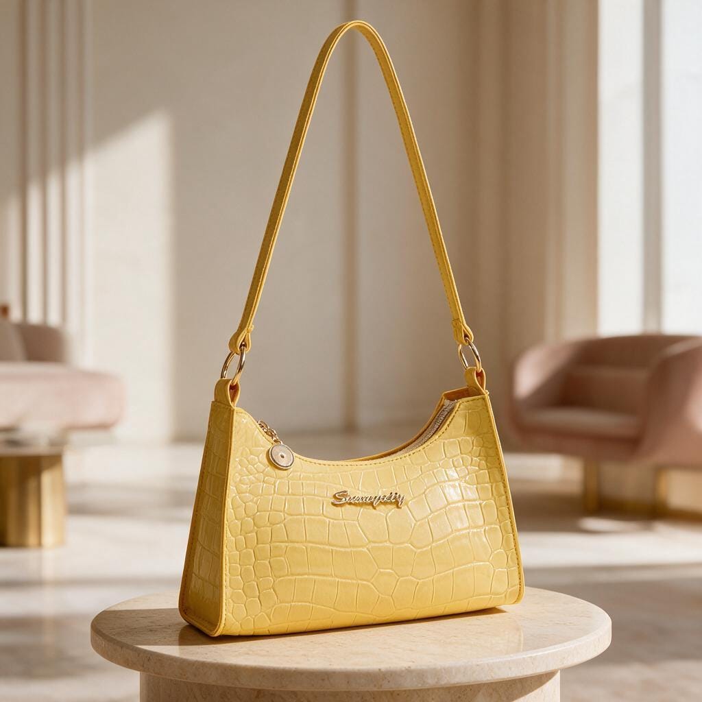 Yellow Croc Embossed Shoulder Bag, Y2K Baguette Purse, Glossy Yellow Handbag, Mini Underarm Bag, Crocodile Effect Purse