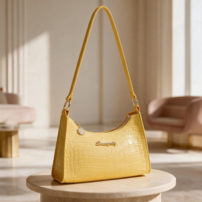 Yellow Croc Embossed Shoulder Bag, Y2K Baguette Purse, Glossy Yellow Handbag, Mini Underarm Bag, Crocodile Effect Purse