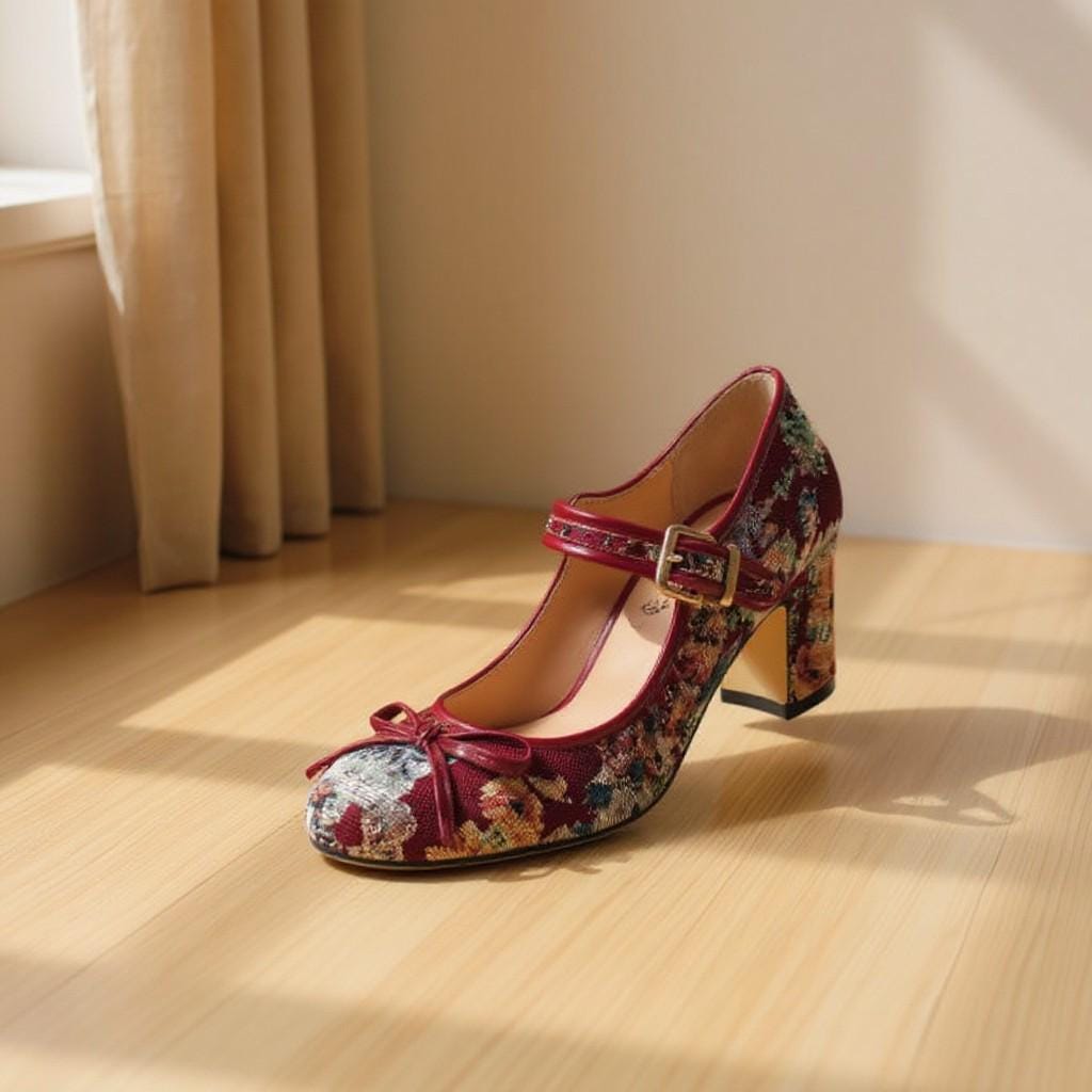 Burgundy Floral Mary Jane Heels, Vintage Bow Pumps, Ankle Strap Dress Shoes