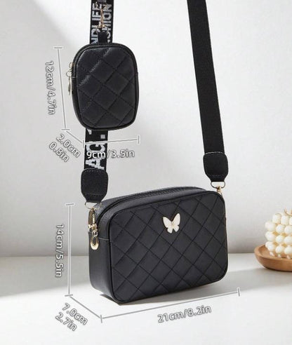 Black Quilted Crossbody Bag for Women, Small Shoulder Purse, Adjustable Strap, Everyday Handbag with Mini Pouch