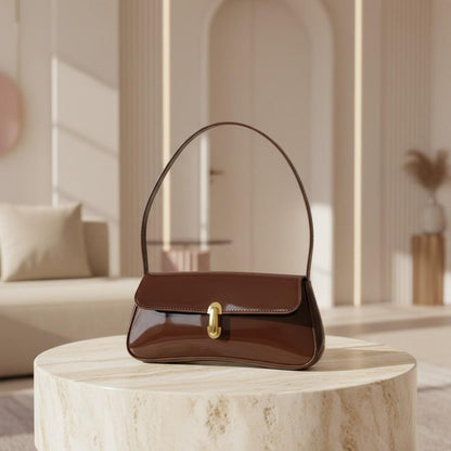 Brown Baguette Shoulder Bag, Glossy Brown Handbag, Gold Clasp Purse, Y2K Underarm Bag, Minimalist Everyday Shoulder Bag
