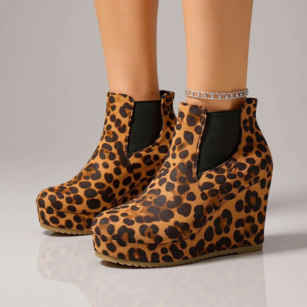 Leopard Wedge Boots, Platform Chelsea Ankle Boots, Chunky Animal Print Shoes