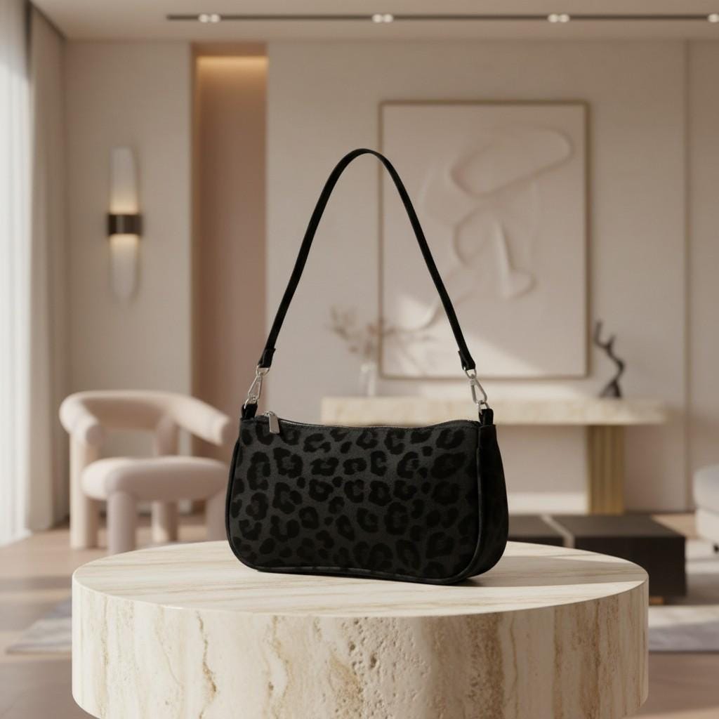 Black Leopard Shoulder Bag, Small Crossbody Purse, Y2K Underarm Bag, Minimalist Everyday Handbag