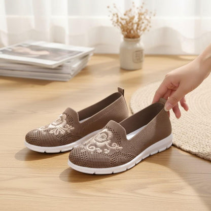 Embroidered Floral Slip On Shoes, Women's Brown Casual Walking Flats, Boho Summer Shoes