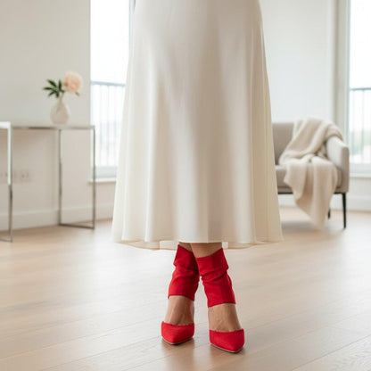 Red Slouchy Heels, Ruched Ankle Cuff Pumps, Pointed Toe Stiletto Shoes, Women's Statement Heels