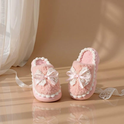 Pink Bow Slippers, Fuzzy Plush House Shoes, Cute Coquette Indoor Slippers
