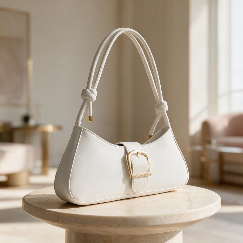 White Shoulder Bag, Baguette Purse, Buckle Detail Handbag, Minimalist Underarm Bag, Elegant Everyday Purse, Women's White Bag