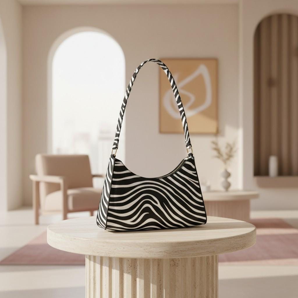 Zebra Print Shoulder Bag, Black White Baguette Purse, Y2K Animal Print Handbag, Zebra Underarm Bag, Retro Women's Purse