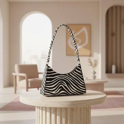 Zebra Print Shoulder Bag, Black White Baguette Purse, Y2K Animal Print Handbag, Zebra Underarm Bag, Retro Women's Purse