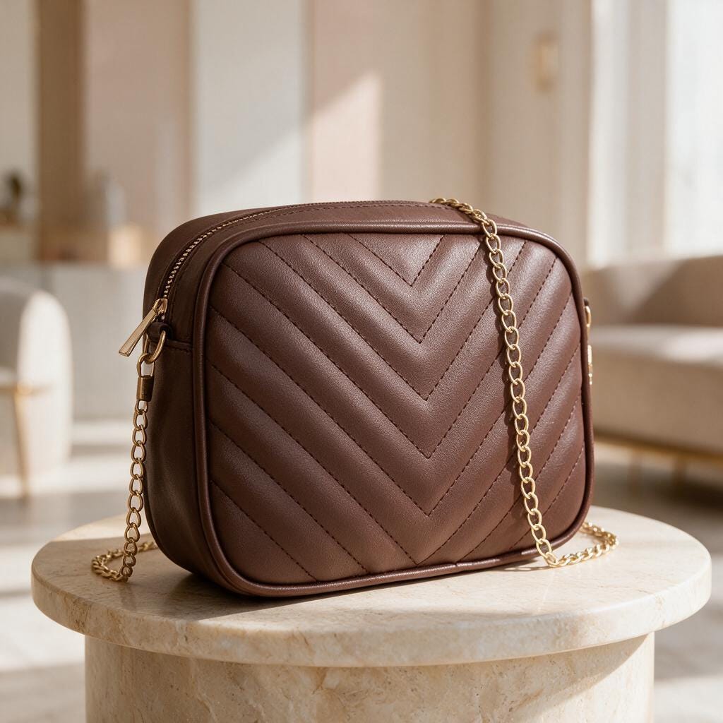 Brown Quilted Crossbody Bag, Chevron Shoulder Purse, Gold Chain Handbag, Small Brown Evening Bag, Elegant Women Bag
