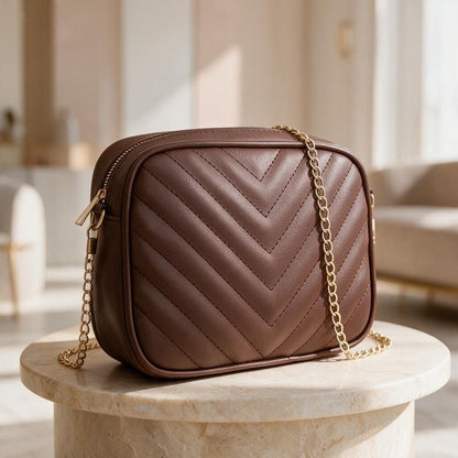 Brown Quilted Crossbody Bag, Chevron Shoulder Purse, Gold Chain Handbag, Small Brown Evening Bag, Elegant Women Bag