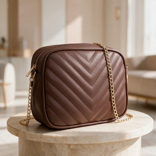 Brown Quilted Crossbody Bag, Chevron Shoulder Purse, Gold Chain Handbag, Small Brown Evening Bag, Elegant Women Bag