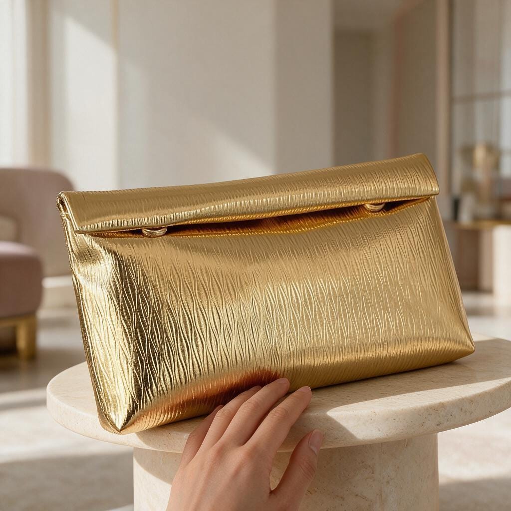 Metallic Gold Pleated Clutch Bag, Textured Envelope Purse, Gold Evening Bag, Foldover Party Clutch, Elegant Wedding Guest Purse