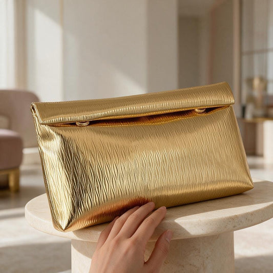 Metallic Gold Pleated Clutch Bag, Textured Envelope Purse, Gold Evening Bag, Foldover Party Clutch, Elegant Wedding Guest Purse