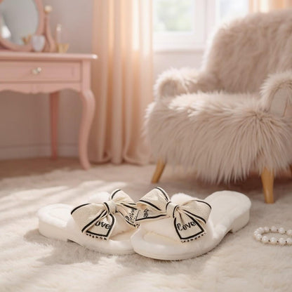 Bow Slippers, Fluffy White House Slides, Coquette Cozy Slippers