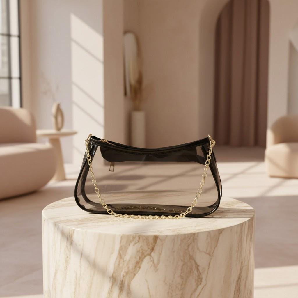 Clear Shoulder Bag, Transparent Crossbody Purse, Black PVC Handbag, Gold Chain Bag, Y2K Clear Bag, Trendy Women's Bag