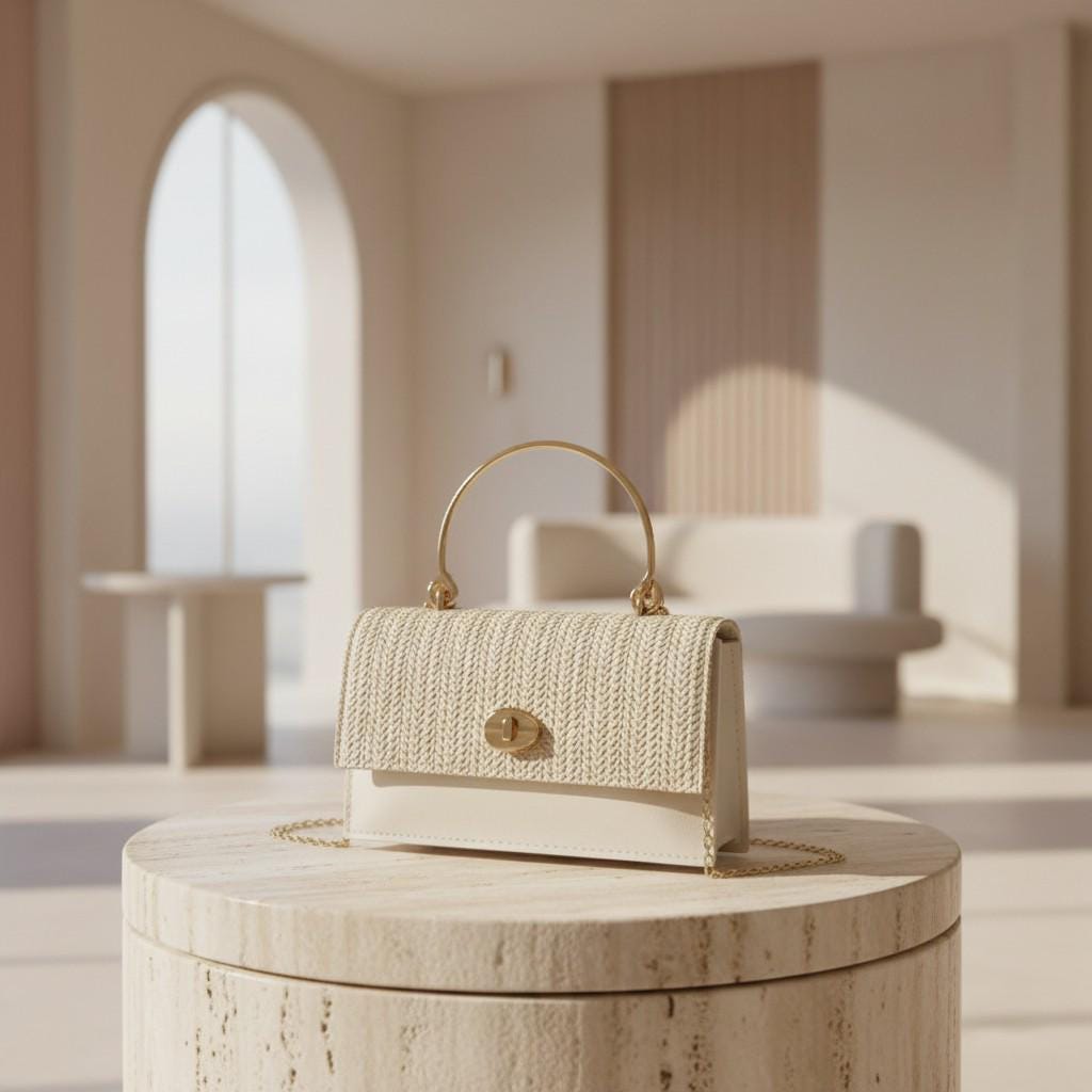 White Woven Shoulder Bag, Ivory Textured Handbag, Top Handle Purse, Chain Strap Flap Bag, Elegant Everyday Bag