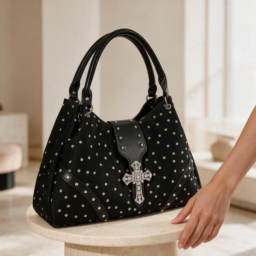 Gothic Cross Purse, Black Shoulder Bag, Alternative Handbag, Studded Polka Dot Bag, Gothic Fashion Accessory