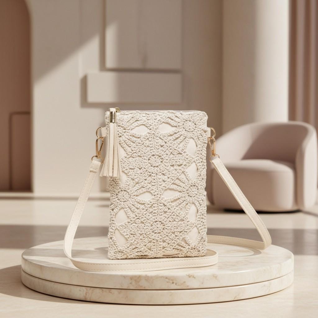 Cream Crochet Crossbody Bag, Lace Shoulder Purse, Boho Tassel Mini Bag