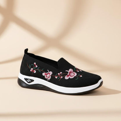 Black Floral Slip On Sneakers, Women's Embroidered Walking Shoes