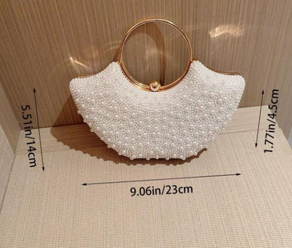 White Pearl Beaded Bag, Gold Ring Handle Evening Purse, Bridal Wedding Handbag