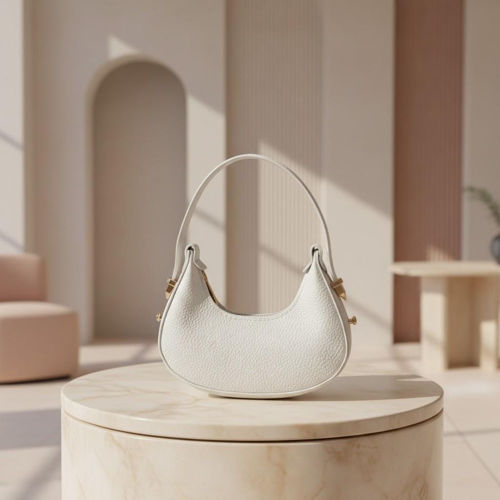 White Crescent Shoulder Bag, Textured Hobo Purse, Gold Hardware Handbag, Minimalist Half Moon Bag, Everyday Underarm Purse