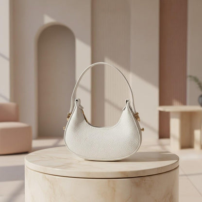 White Crescent Shoulder Bag, Textured Hobo Purse, Gold Hardware Handbag, Minimalist Half Moon Bag, Everyday Underarm Purse