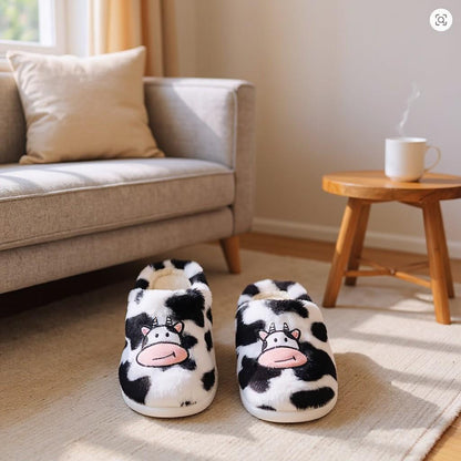 Cow Slippers, Cute Fuzzy Cow House Shoes, Plush Animal Slippers
