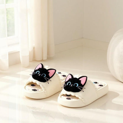 Cute Cat Slippers, Black Cat Slides, Kawaii House Slippers, Women's Indoor Slippers, Funny Cat Shoes, Cozy Summer Slides, Gift for Cat Lover