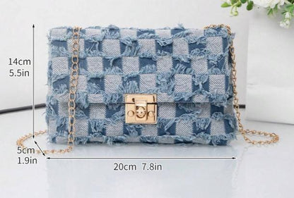 Patchwork Denim Shoulder Bag, Frayed Jeans Purse, Blue Crossbody Bag, Gold Chain Handbag, Y2K Casual Bag