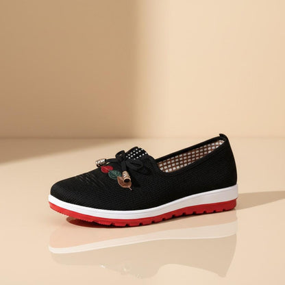 Black Floral Slip On Shoes for Women, Bow Detail Casual Sneakers, Embroidered Everyday Footwear