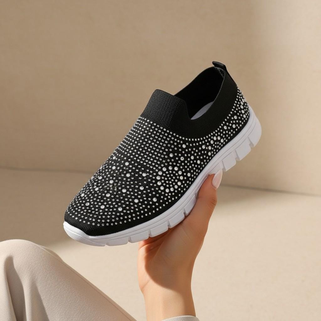 Black Rhinestone Slip On Sneakers, Women's Sparkle Knit Shoes, Casual Bling Sneakers