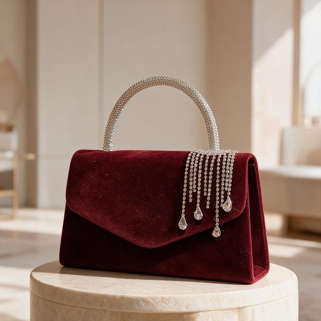 Burgundy Evening Clutch, Rhinestone Handle Bag, Red Formal Purse, Wedding Guest Bag