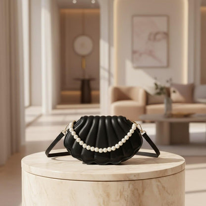 Black Shell Shoulder Bag, Pearl Detail Crossbody Purse, Scalloped Quilted Handbag, Elegant Evening Bag