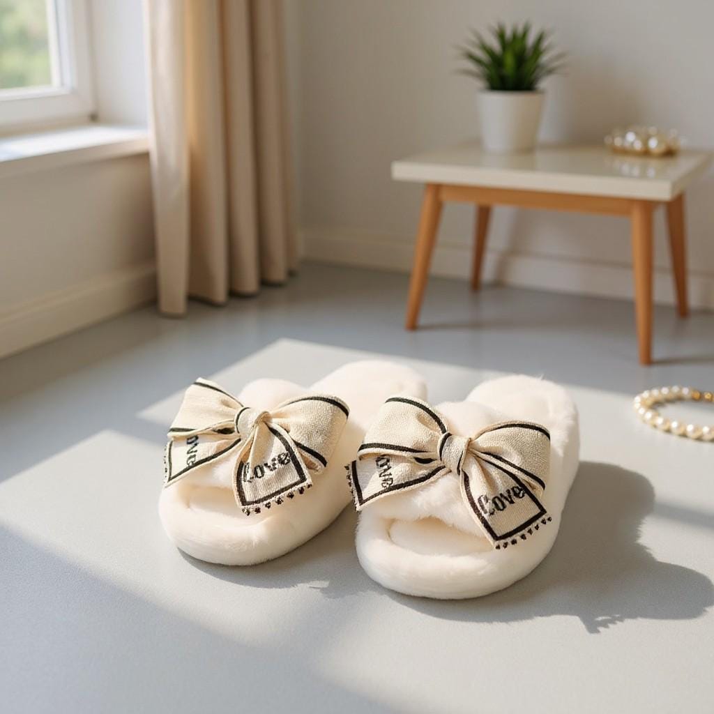 Bow Slippers, Fluffy White House Slides, Coquette Cozy Slippers