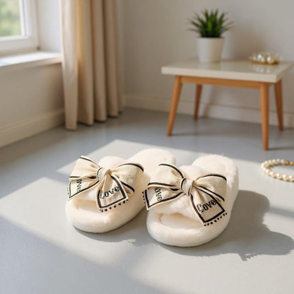 Bow Slippers, Fluffy White House Slides, Coquette Cozy Slippers