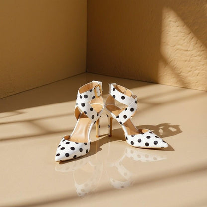 White Polka Dot Heels, Ankle Strap Pumps, Pointed Toe Stiletto Shoes