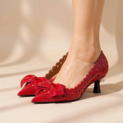 Red Bow Heels, Pointed Toe Pumps, Scalloped Cutout Women's High Heels